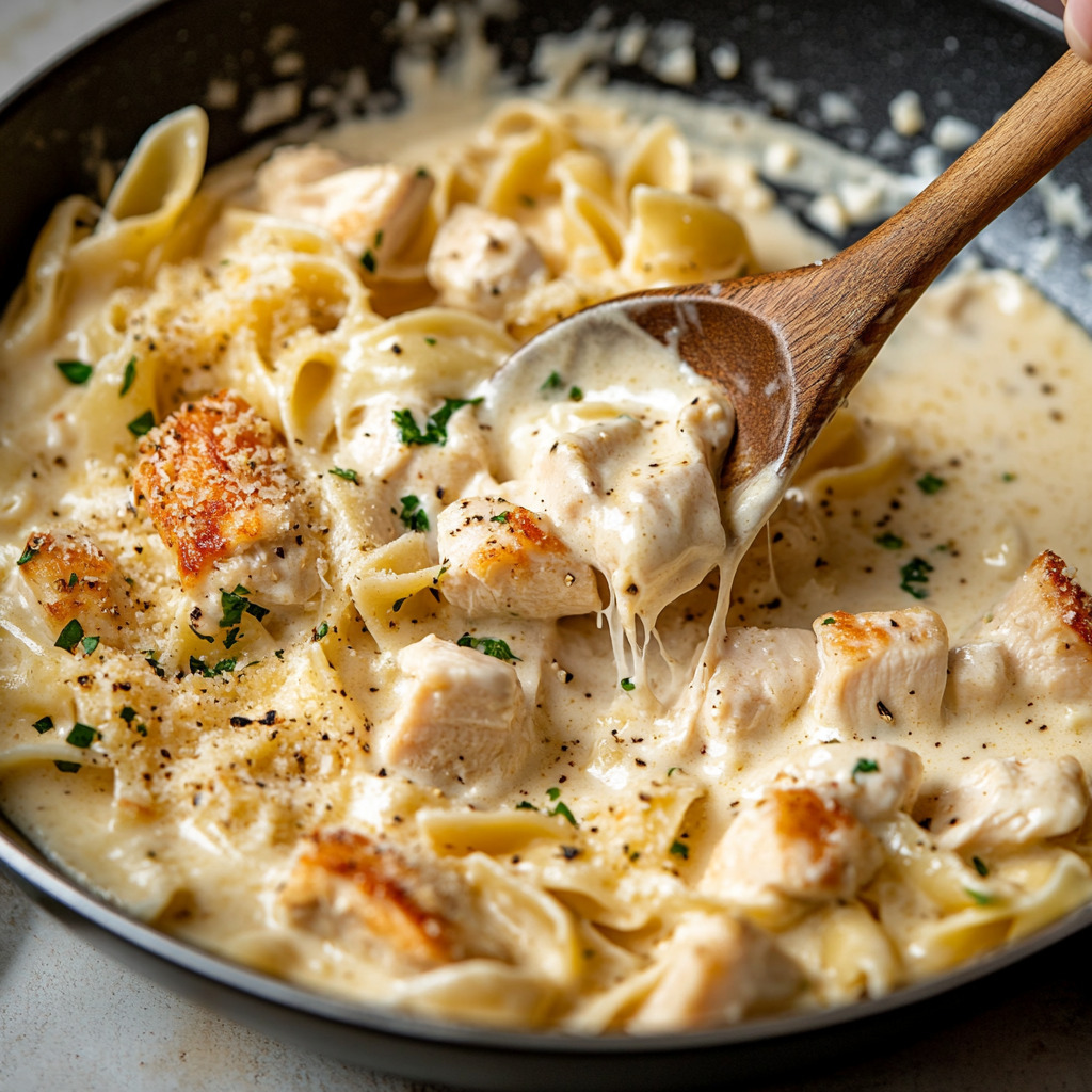 A close-up view of the creamy sauce, chicken, and pasta all being tossed together in a skillet, with a wooden spoon stirring the ingredients.