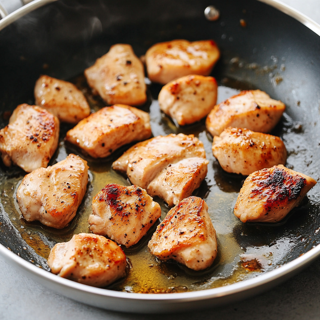 A close-up shot of seasoned chicken pieces sizzling in a skillet, golden brown on one side with a slight sear.