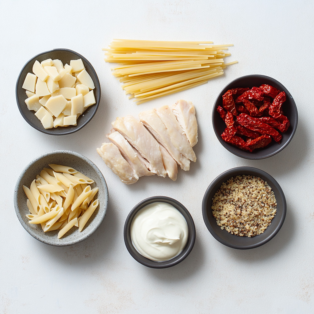 A top-down view of the ingredients for Marry Me Chicken Pasta, including sliced chicken breasts, sun-dried tomatoes, penne pasta, pasta noodles, creamy yogurt, cubes of cheese, and a sprinkle of quinoa.