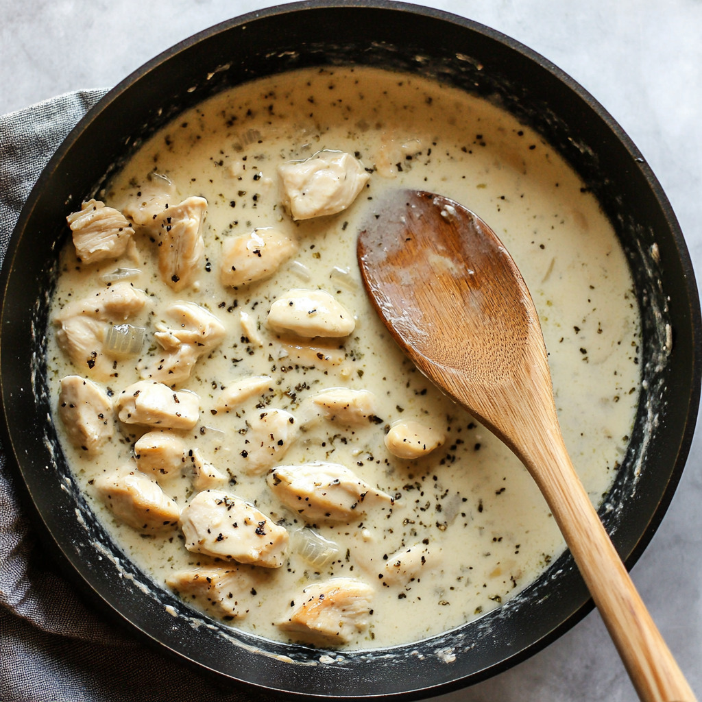 A close-up view of a skillet with creamy sauce simmering, chicken pieces immersed in a smooth white sauce with black pepper and Italian seasoning.