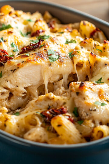Creamy chicken pasta baked in a rustic blue casserole dish, topped with golden melted cheese and sun-dried tomatoes, garnished with fresh herbs – featured blog image of the Marry Me Chicken Pasta recipe.