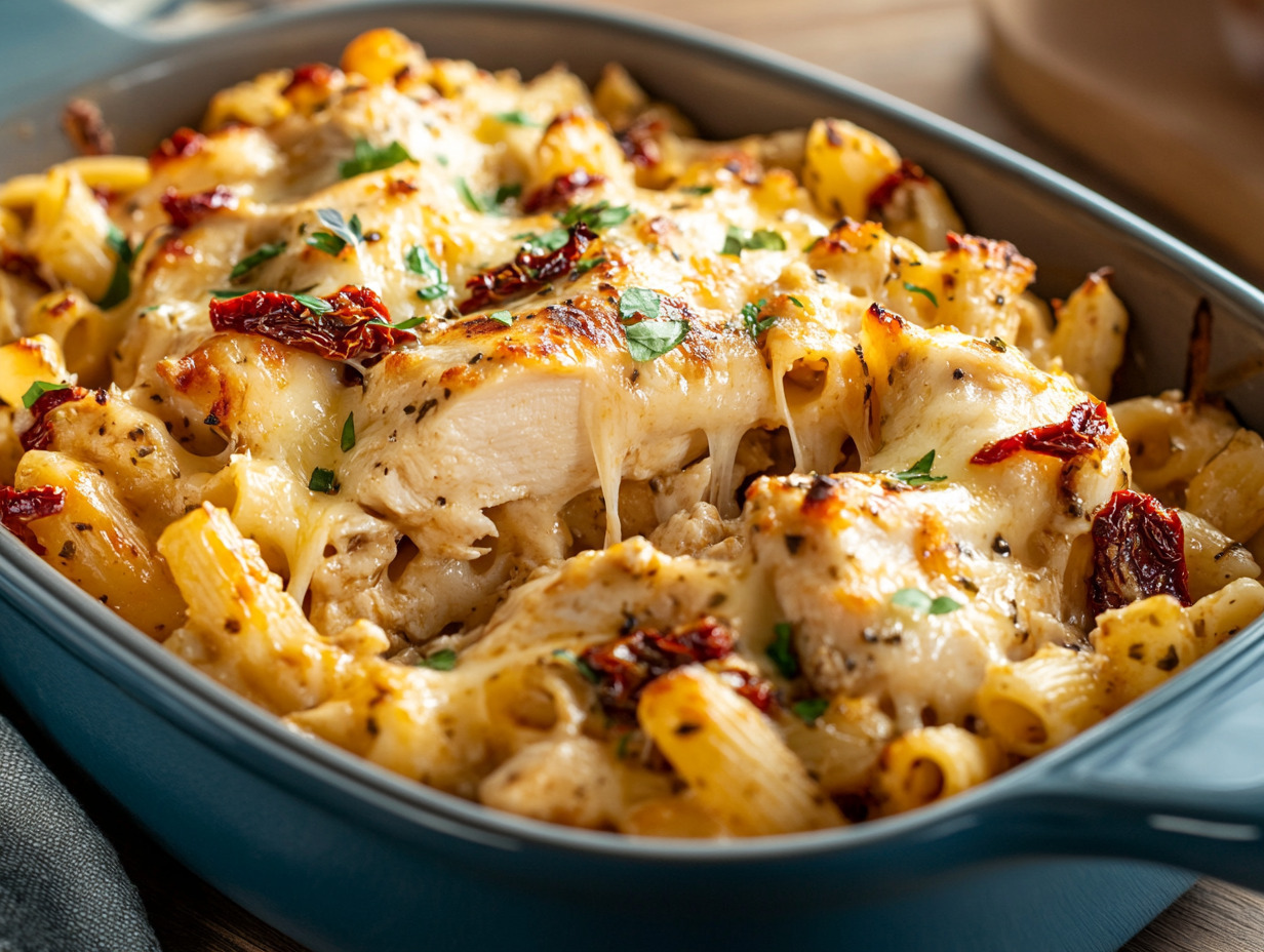 A close-up shot of creamy chicken pasta with sun-dried tomatoes and melted cheese, garnished with fresh herbs, set in a blue casserole dish.