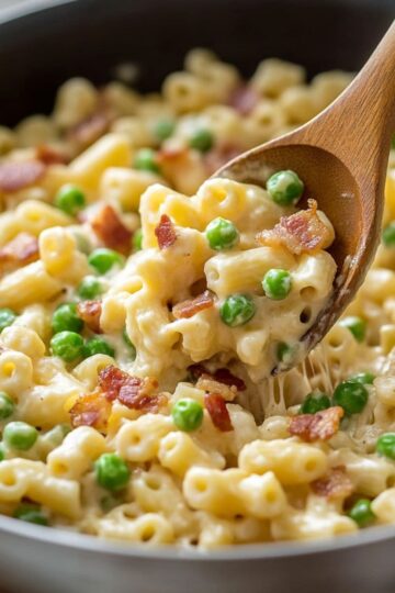 Creamy Ditalini Pasta Recipe with bacon and peas served hot in a skillet, lifted with a wooden spoon.