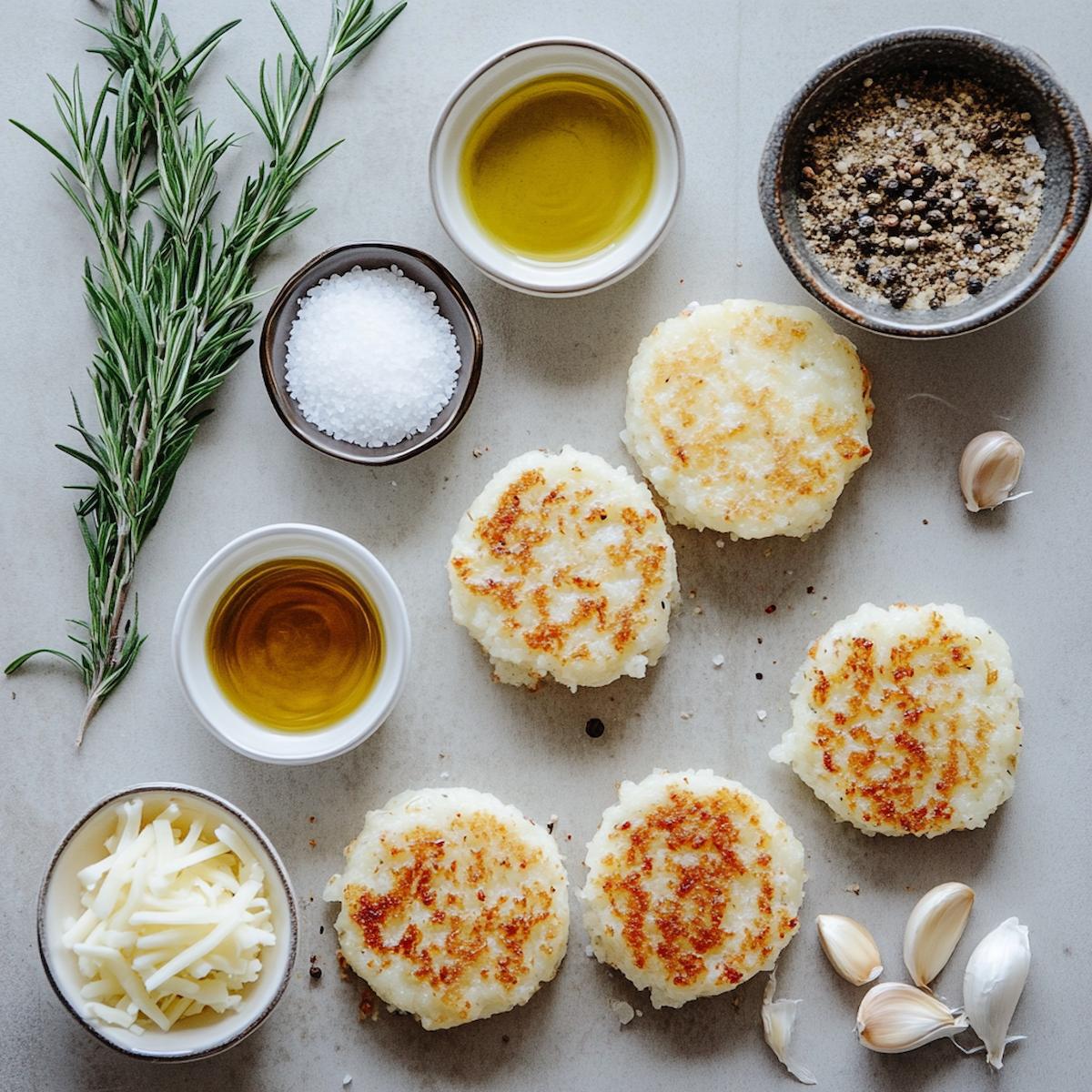 Ingredients for frozen hash browns including patties, rosemary, olive oil, garlic, salt, and pepper