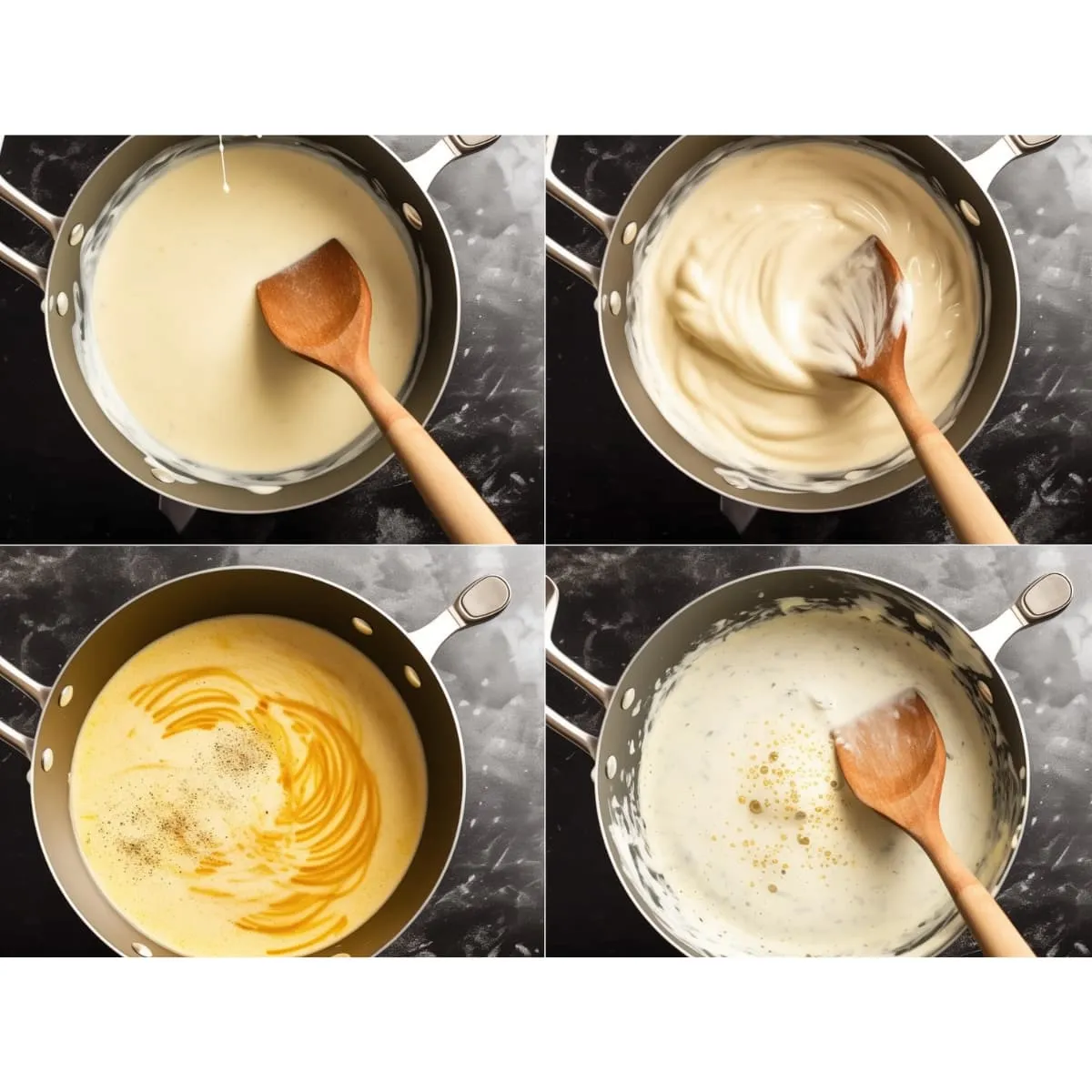 Step-by-step process of making Alfredo sauce in a saucepan with wooden spoon, showing stages from cream to thickened sauce