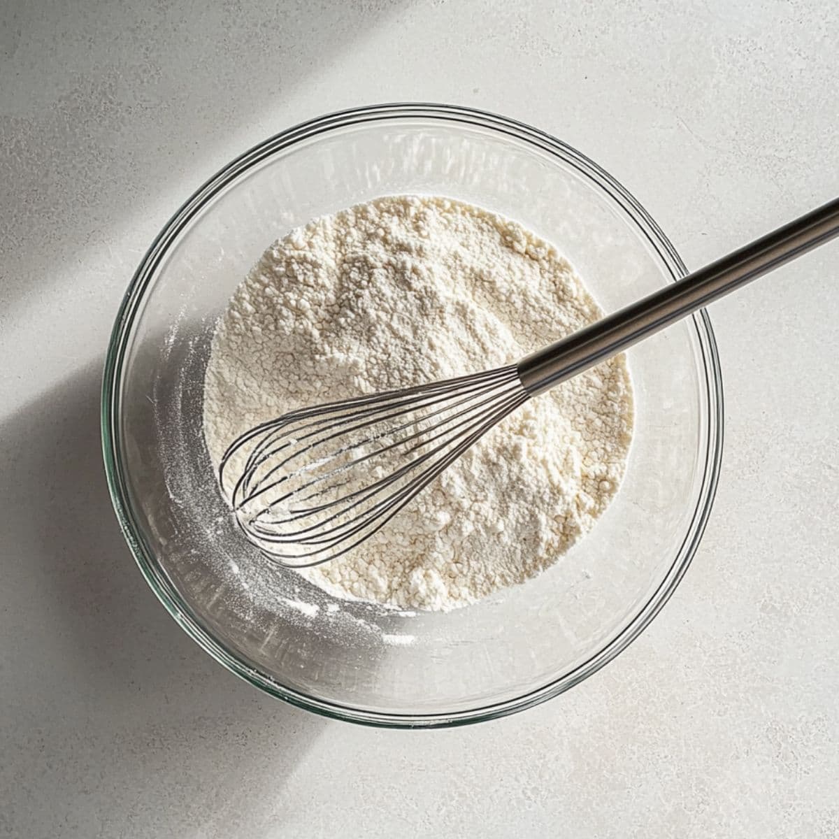 Glass bowl with whisk and dry ingredients like flour, baking powder, and salt, lit by natural sunlight on a neutral kitchen surface.