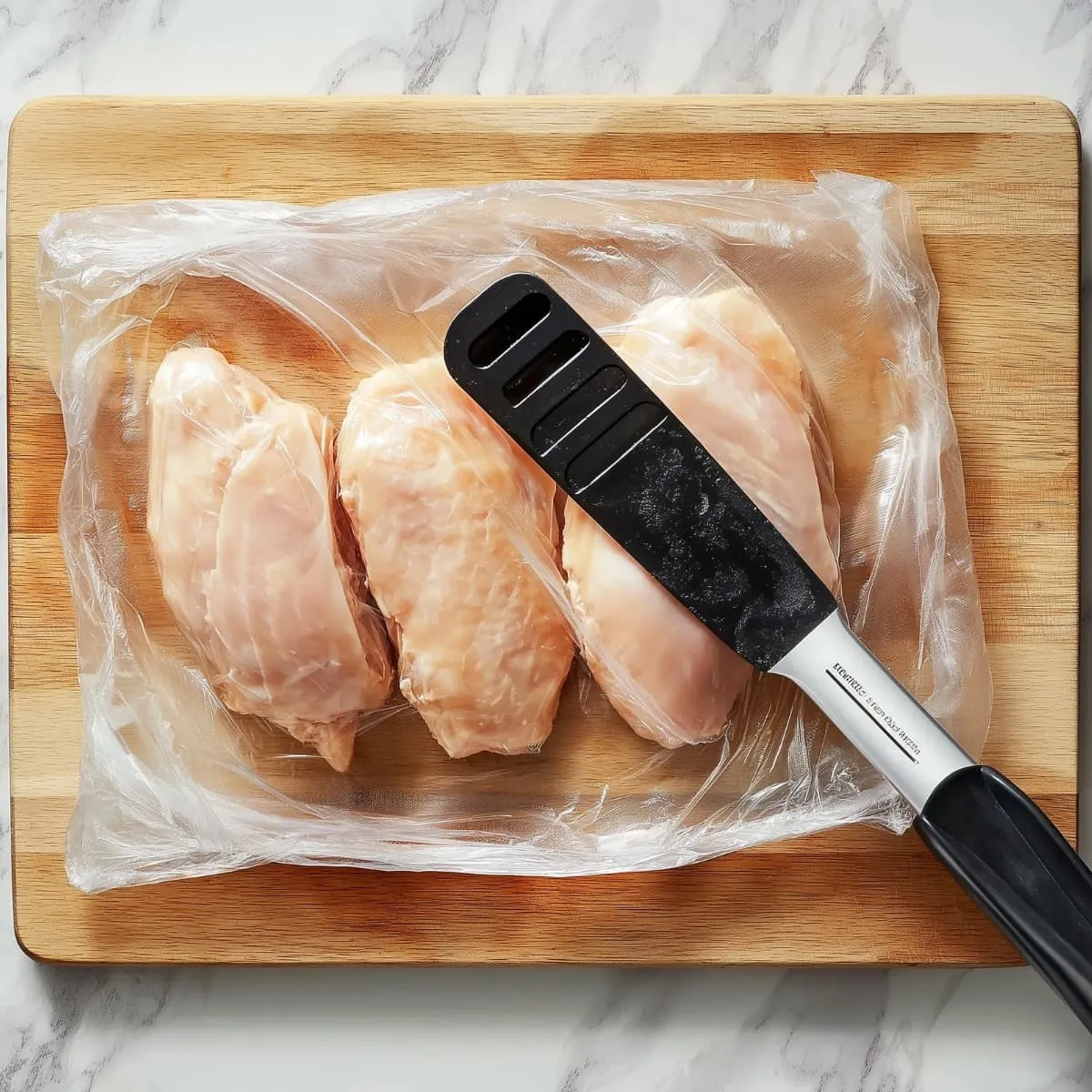 Chicken breasts being pounded to even thickness between plastic wrap on a wooden board