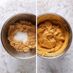 Before and after mixing sugars into peanut butter cookie dough.
