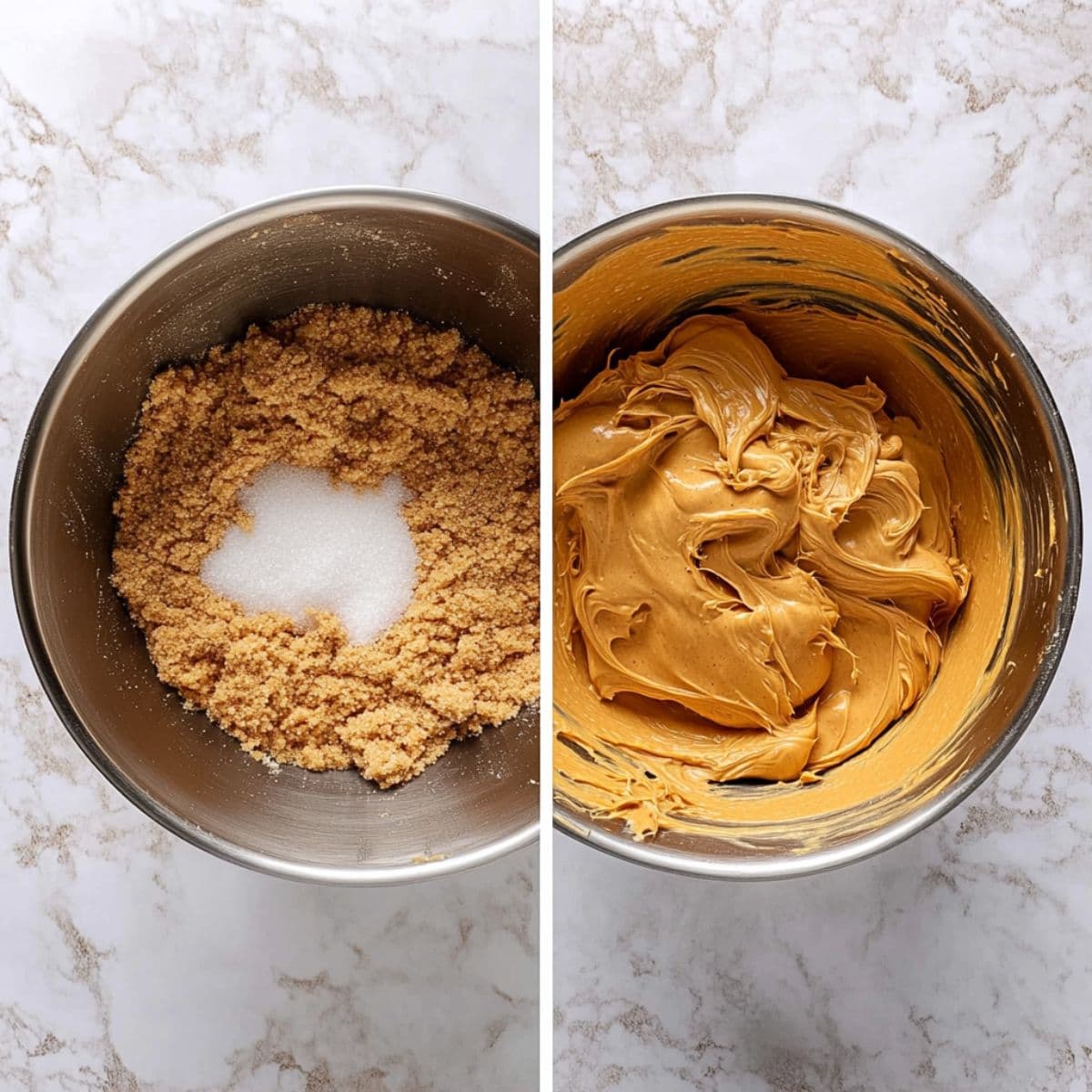 Before and after mixing sugars into peanut butter cookie dough.