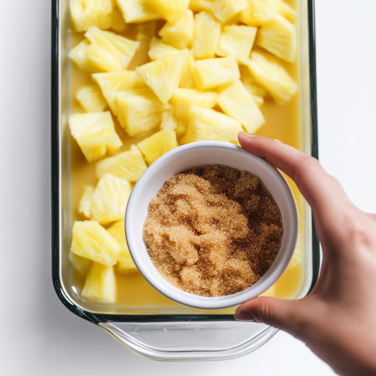 Hand holding a bowl of brown sugar over a dish of pineapple chunks — sweetening step in pineapple dump cake.