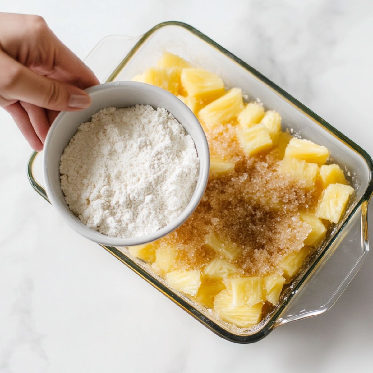 Hand holding a bowl of dry white cake mix above a dish with pineapple chunks and brown sugar – layering step in pineapple dump cake.