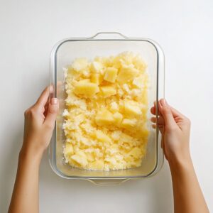 Two hands holding a glass baking dish filled with crushed pineapple — step one of pineapple dump cake.