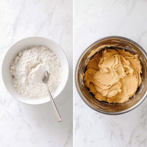 Step showing flour added and mixed into peanut butter cookie dough.