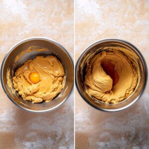 Side-by-side view of an egg being added and mixed into peanut butter cookie dough.