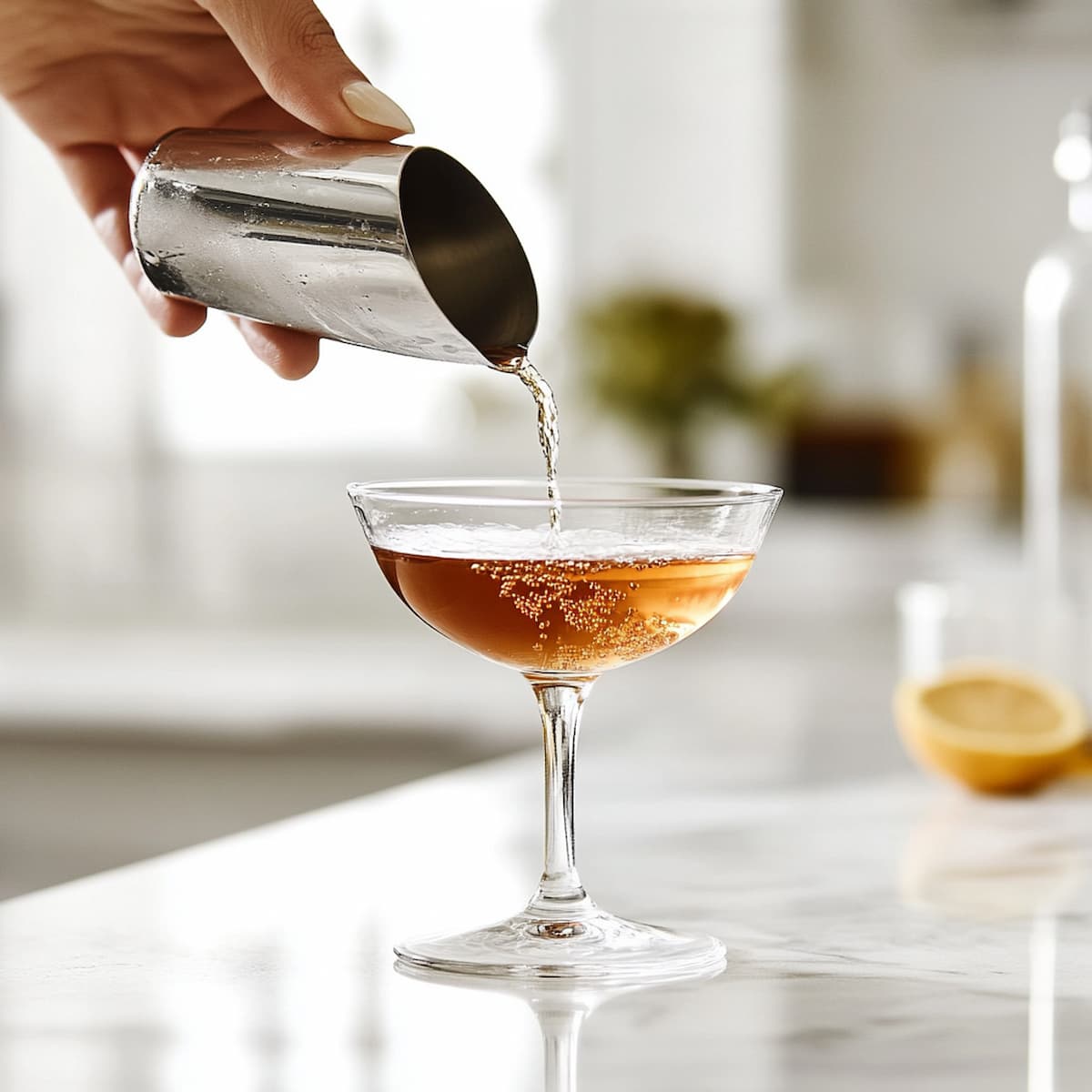 Pouring a stirred Black Manhattan into a coupe glass with bubbles rising on the surface