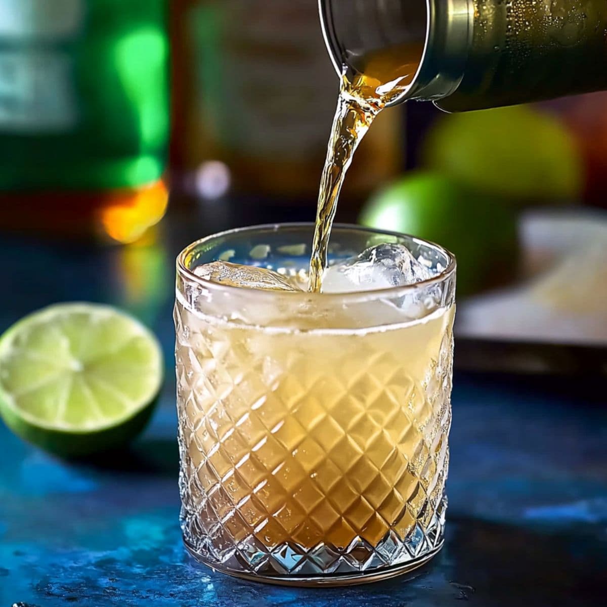 Ginger beer pouring into a bourbon cocktail glass with ice