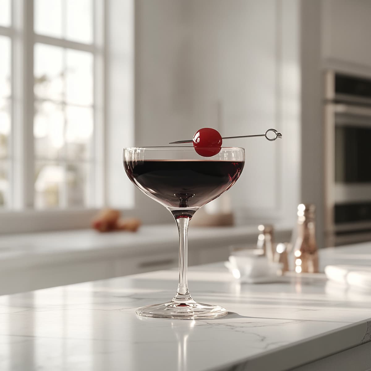 Black Manhattan cocktail in a coupe glass with cherry garnish on a metal pick