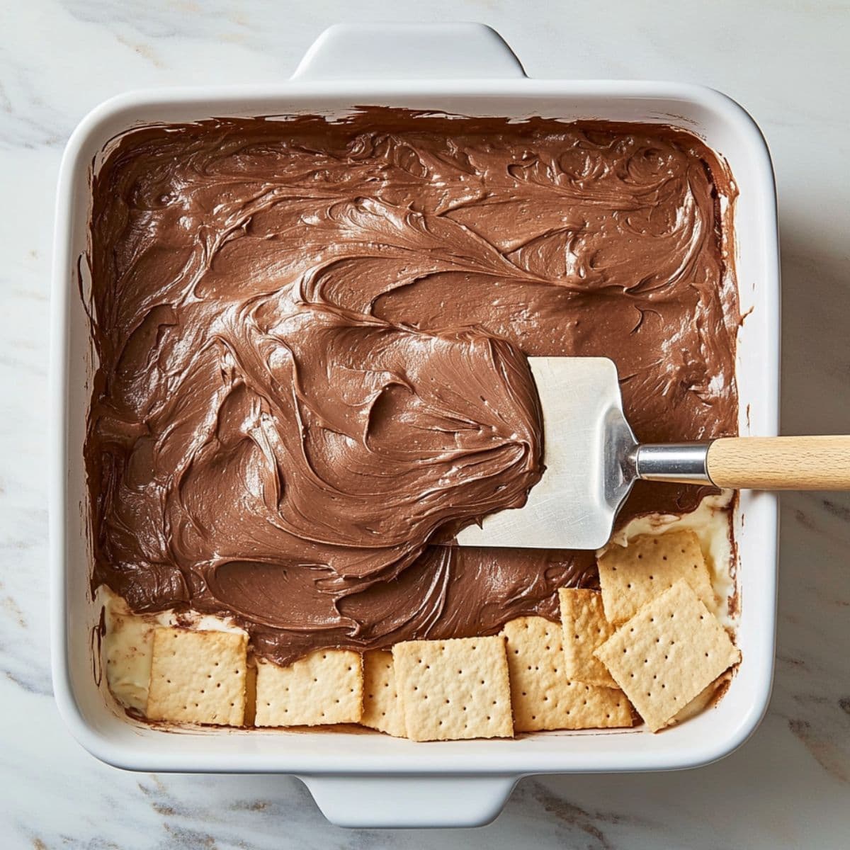 Spreading chocolate frosting on graham cracker layers with a spatula.
