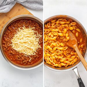 Side-by-side overhead images of ground beef with onions and seasonings, and flour being added.