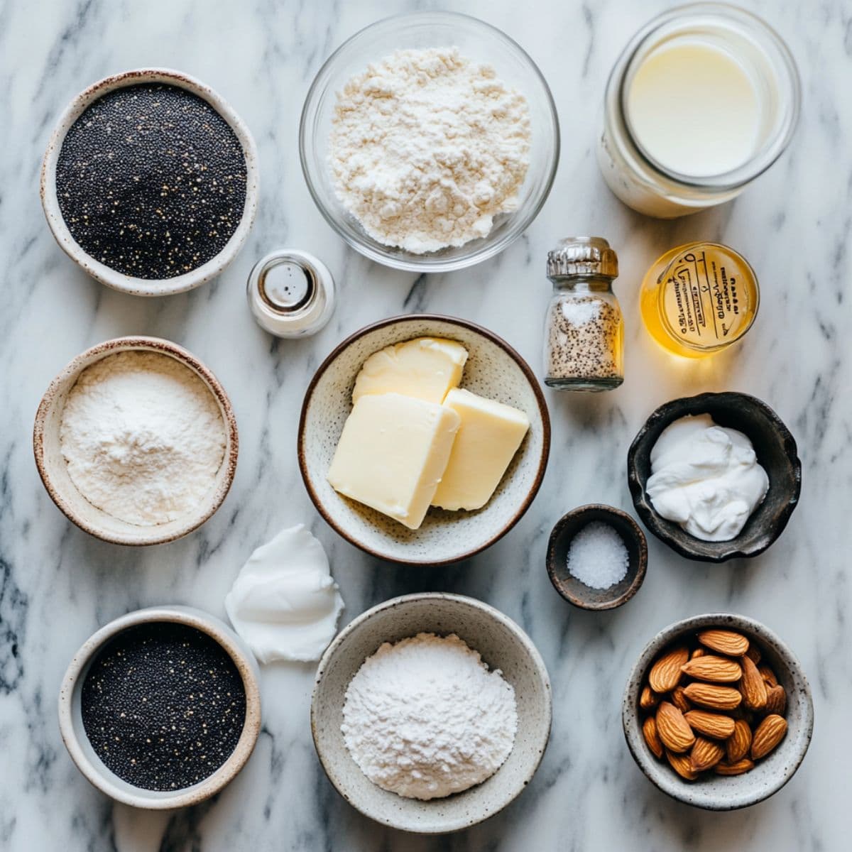 Flat lay of almond poppy seed muffin ingredients arranged on a marble countertop, including flour, butter, sugar, sour cream, milk, and poppy seeds.