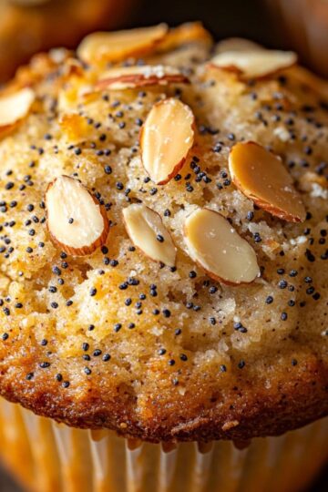 Close-up of a golden almond poppy seed muffin topped with sliced almonds and poppy seeds, fresh from the oven.