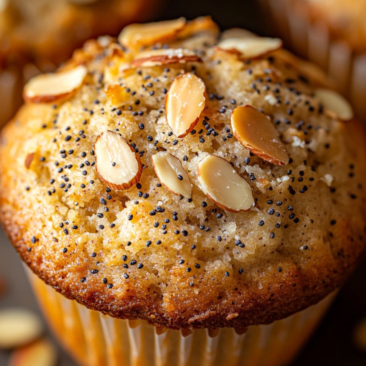 Close-up of a golden almond poppy seed muffin topped with sliced almonds and poppy seeds, fresh from the oven.