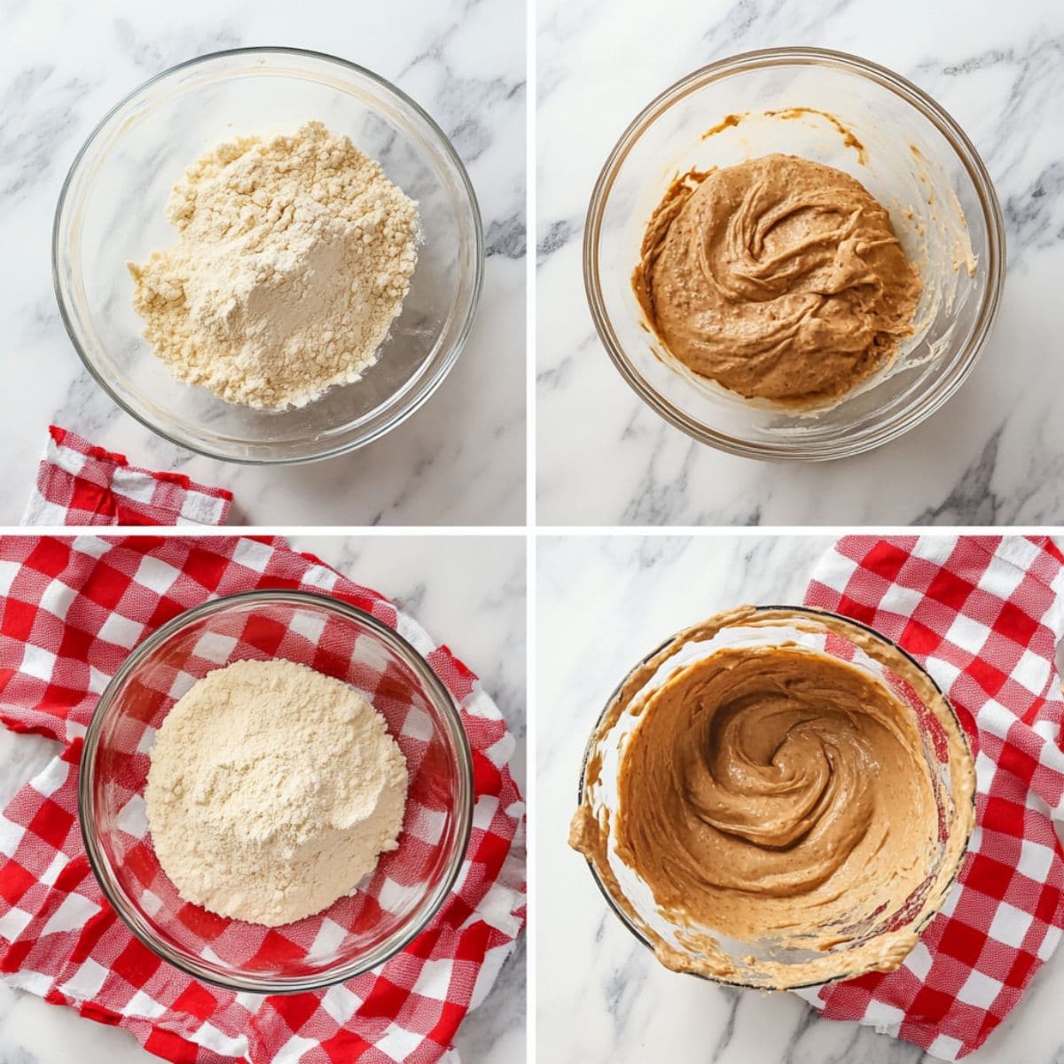 4-panel collage showing flour and cinnamon batter being mixed for Amish Cinnamon Bread, on marble with red gingham towel