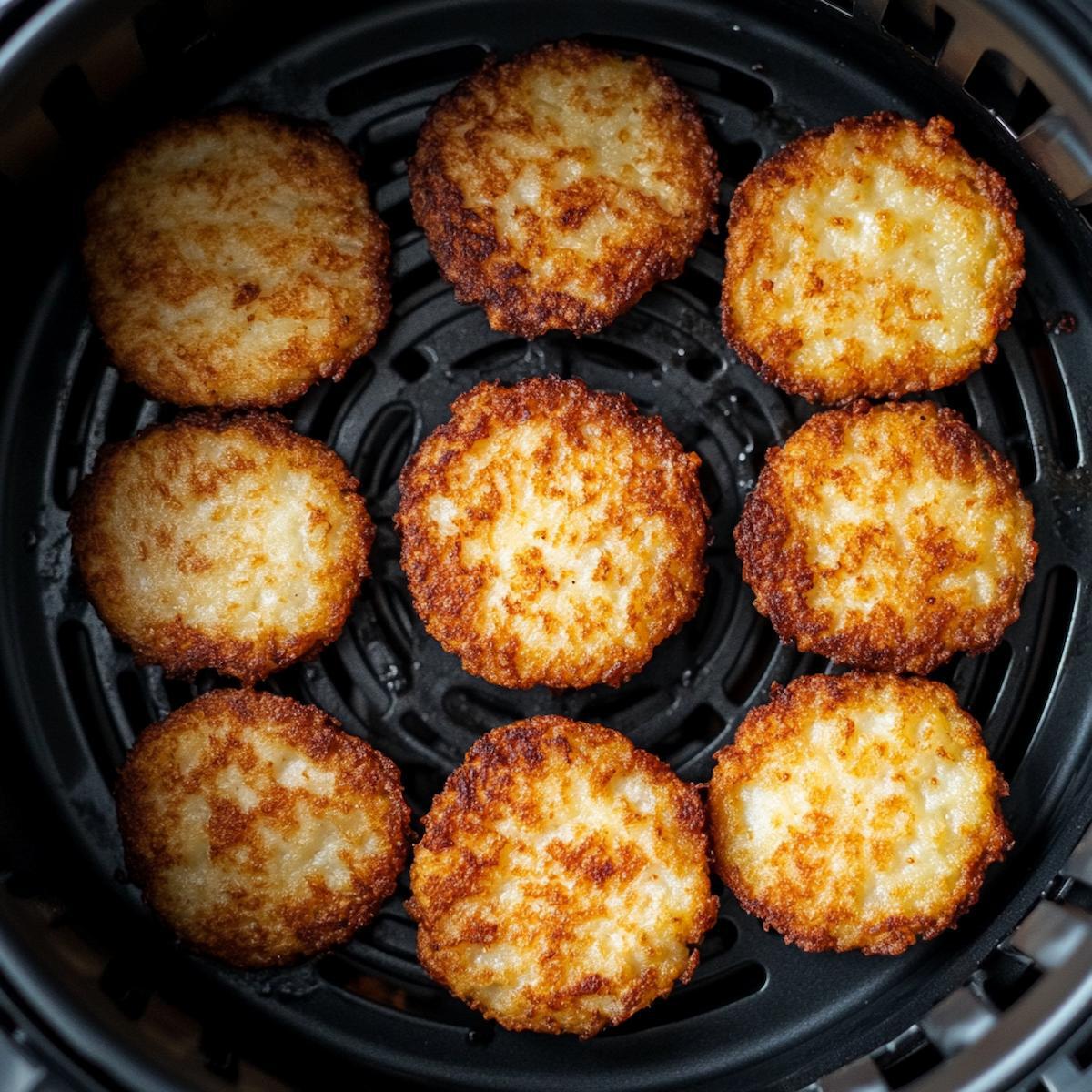 Frozen hash browns arranged with space in an air fryer basket