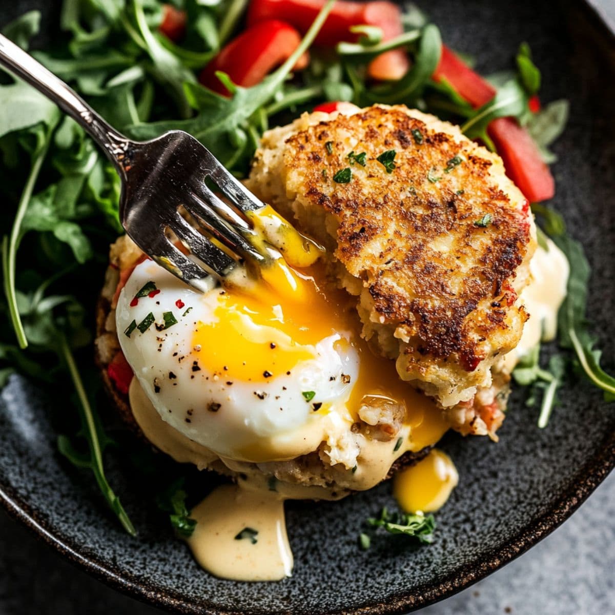 A fork cuts through poached egg atop a crab cake benedict, with yolk and hollandaise sauce flowing onto toasted muffin