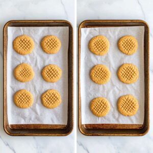 Side-by-side image of peanut butter cookies before and after baking on parchment-lined tray.