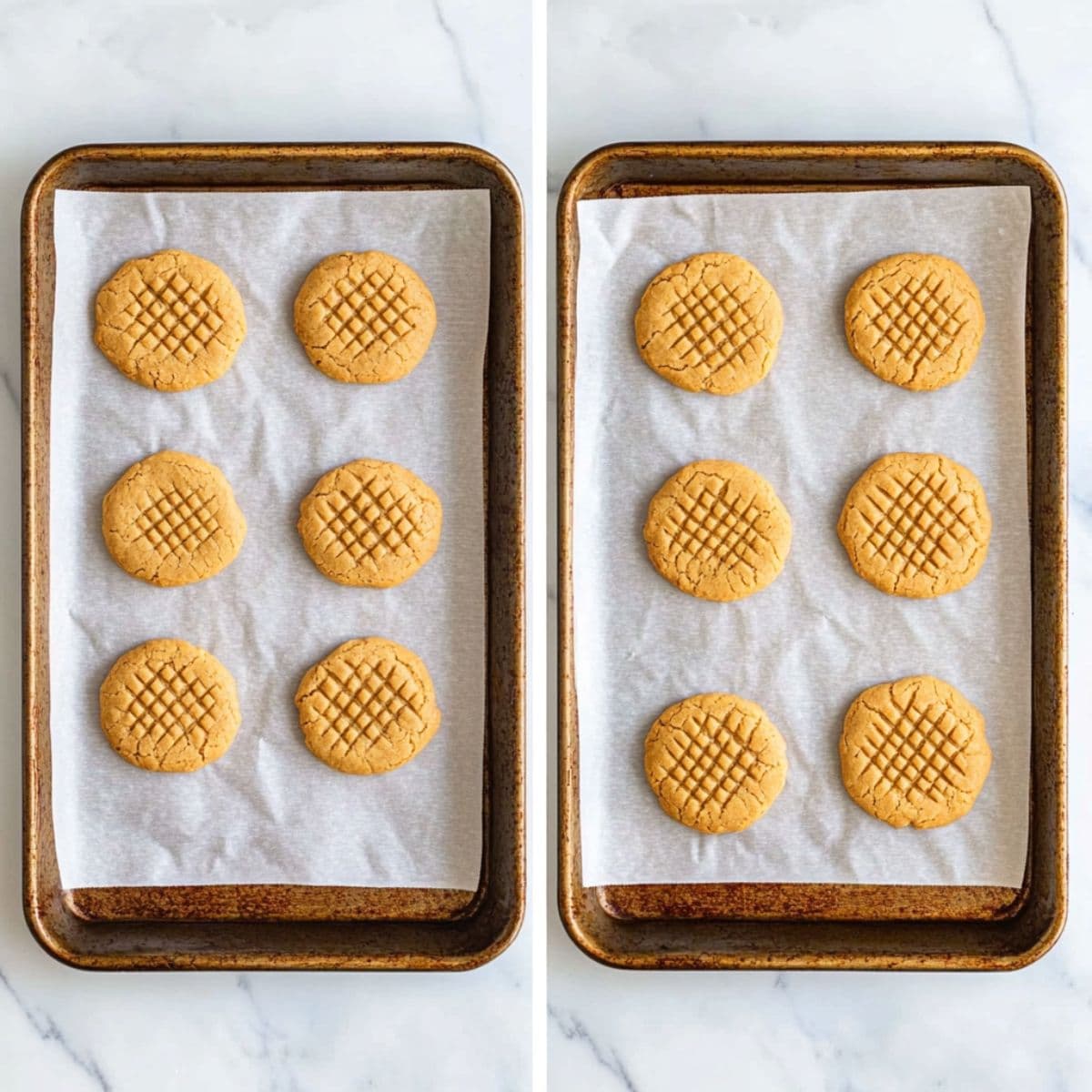 Side-by-side image of peanut butter cookies before and after baking on parchment-lined tray.