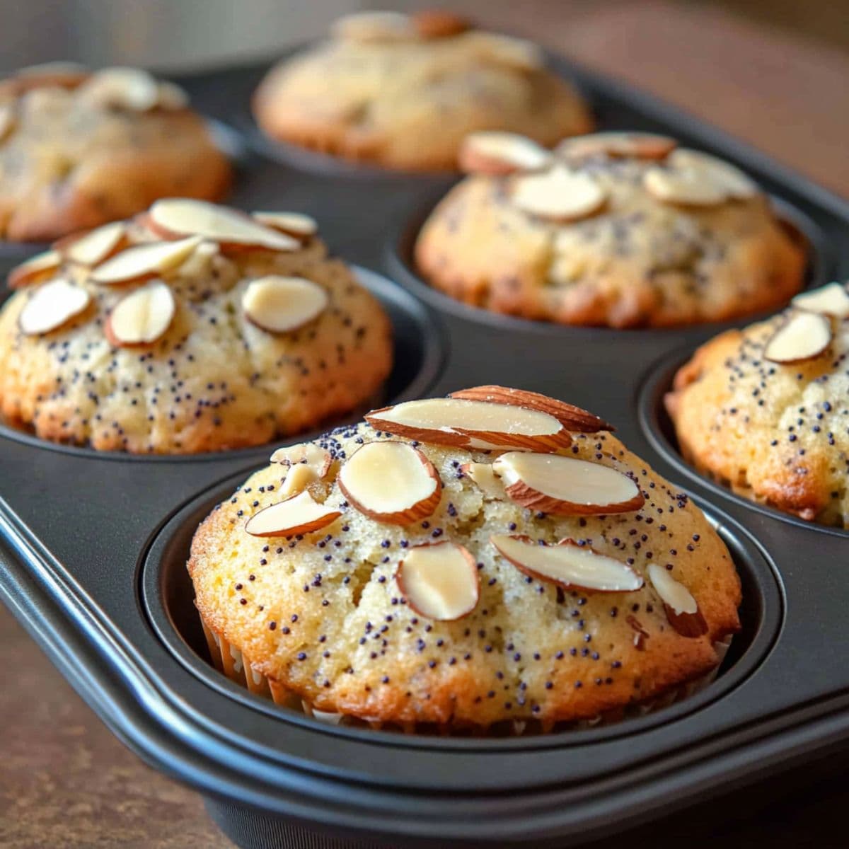 Freshly baked almond poppy seed muffins in tin with golden domed tops and sliced almonds.