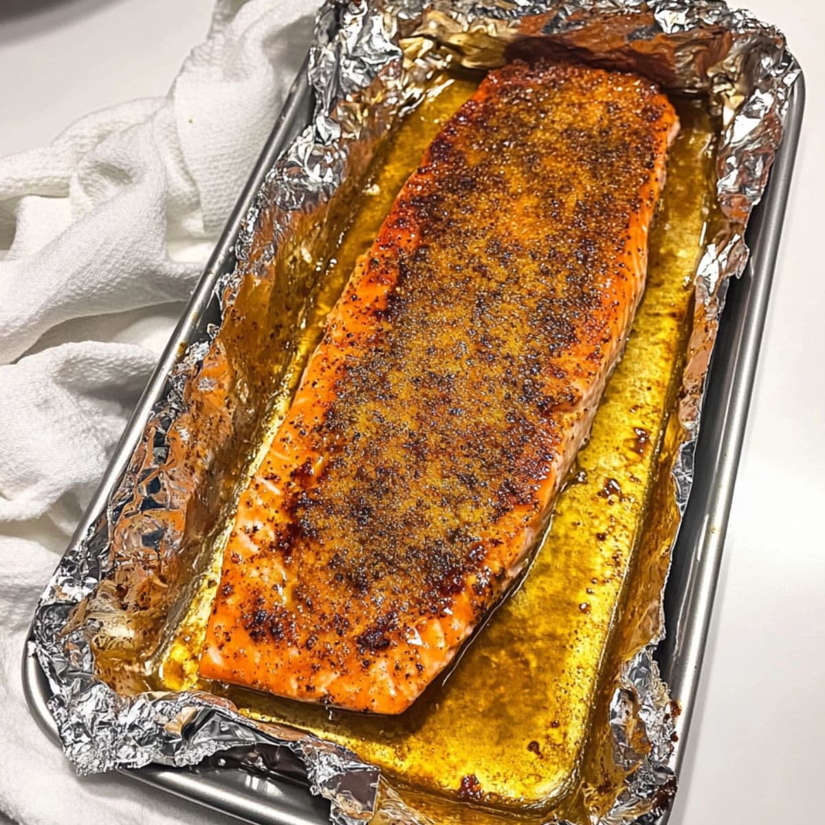 Baked salmon fillet in foil-lined tray with caramelized crust and melted butter