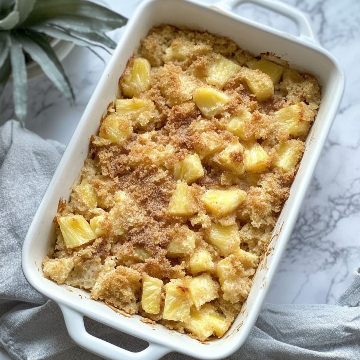 Freshly baked pineapple stuffing in a white dish with golden crisp top and visible pineapple chunks