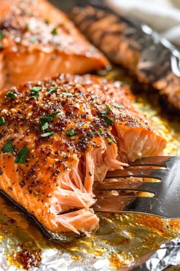 Fork flaking a juicy baked salmon fillet with golden crust and melted garlic butter