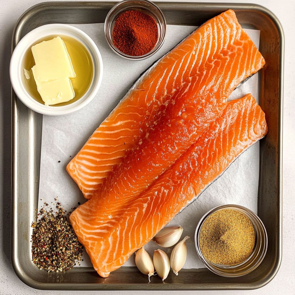 Top-down photo of raw salmon fillets with garlic, butter, and seasonings on a tray