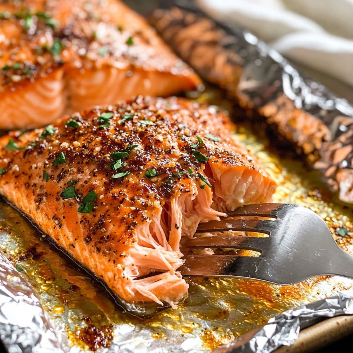 Fork flaking a juicy baked salmon fillet with golden crust and melted garlic butter