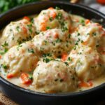Creamy chicken and dumplings topped with fluffy Bisquick dumplings and sprinkled with parsley.