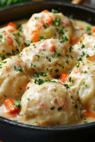 Creamy chicken and dumplings topped with fluffy Bisquick dumplings and sprinkled with parsley.