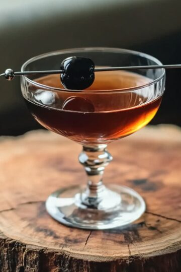 Black Manhattan cocktail in a coupe glass garnished with a cherry, on a wooden surface