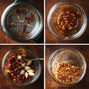 Step-by-step collage of straining, blending dried chiles and garlic for Salsa Macha