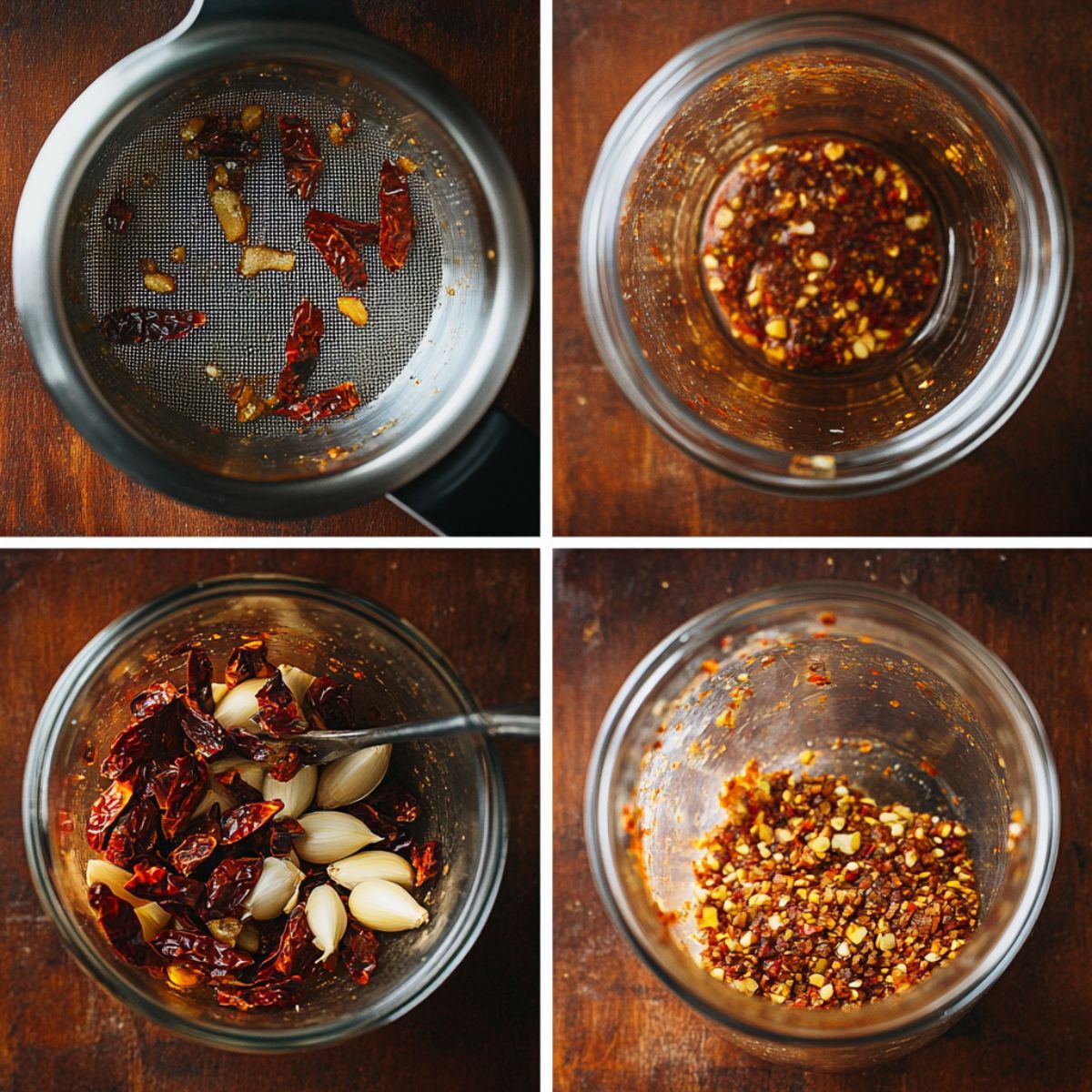 Step-by-step collage of straining, blending dried chiles and garlic for Salsa Macha