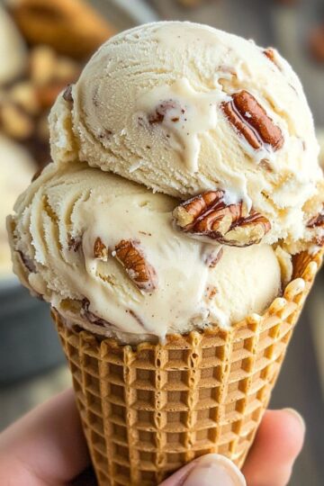 Close-up of butter pecan ice cream scoops in a waffle cone, with visible roasted pecans and creamy vanilla texture.