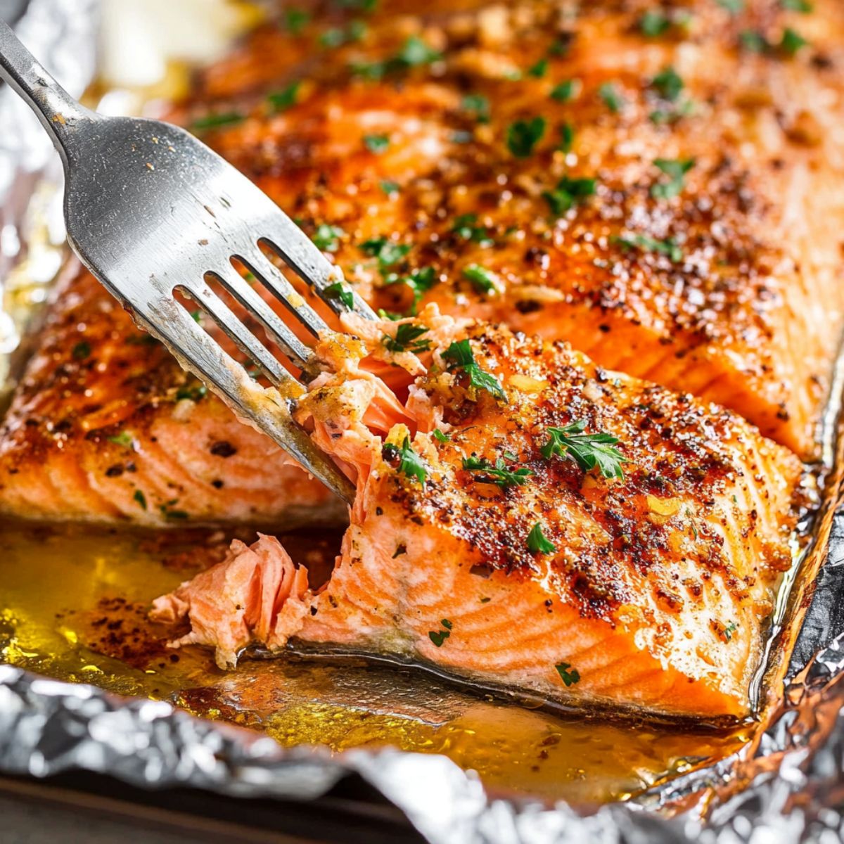 Fork flaking tender baked salmon fillet with crispy crust and parsley garnish