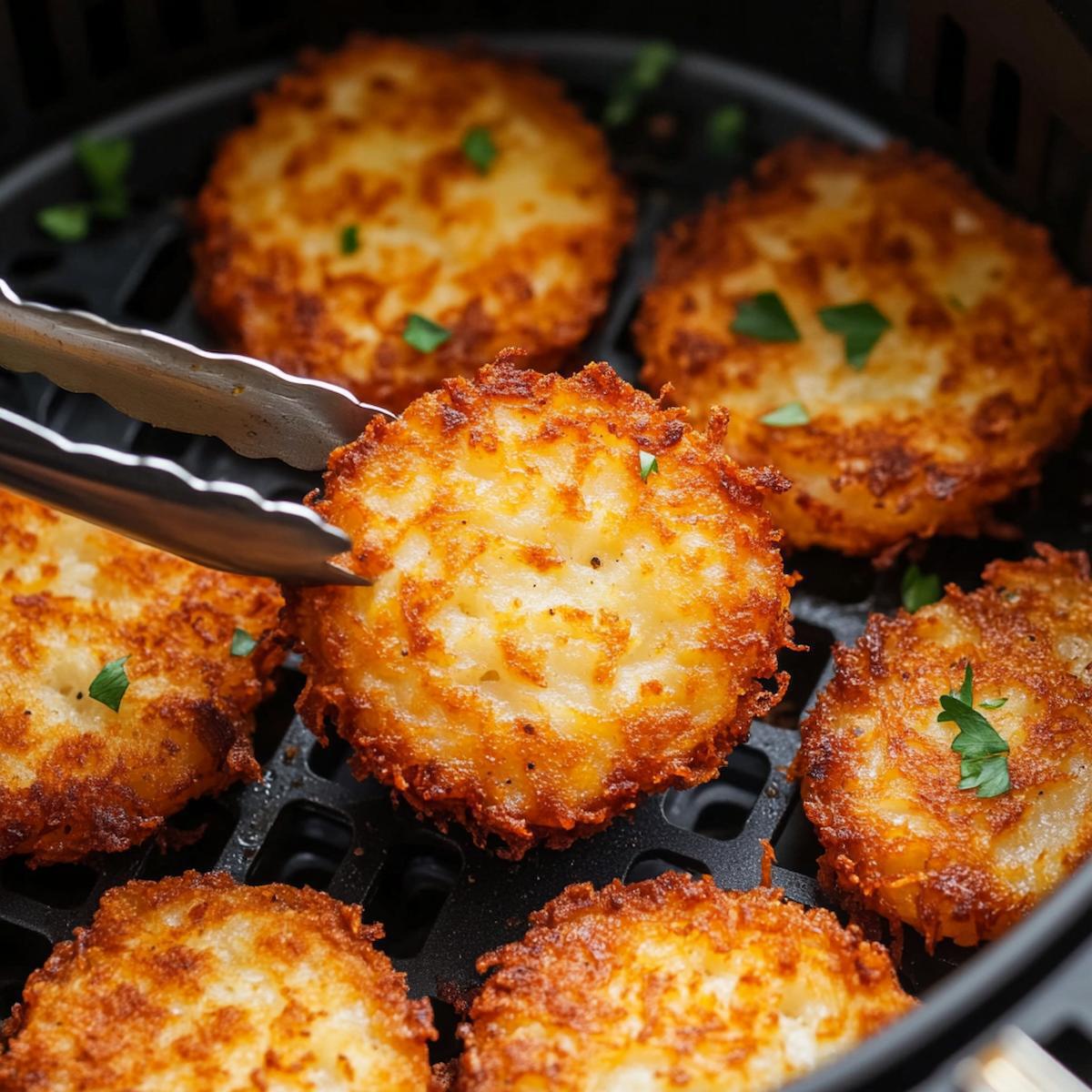 Tongs lifting crispy hash brown to check doneness
