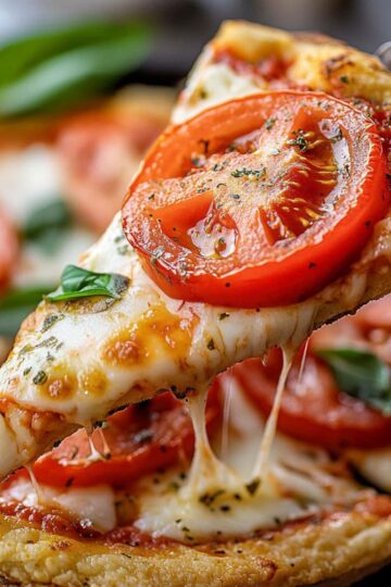 A close-up of a pizza slice topped with fresh tomato, basil, and melted cheese, with a crispy crust, being lifted by a pizza server.