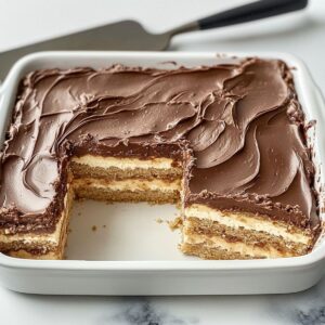 Chilled chocolate eclair cake with a few slices removed to reveal layers.