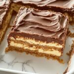 Close-up of chocolate eclair cake slice with visible creamy layers.