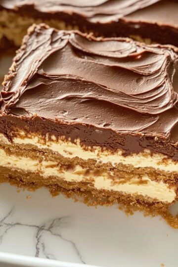 Close-up of chocolate eclair cake slice with visible creamy layers.