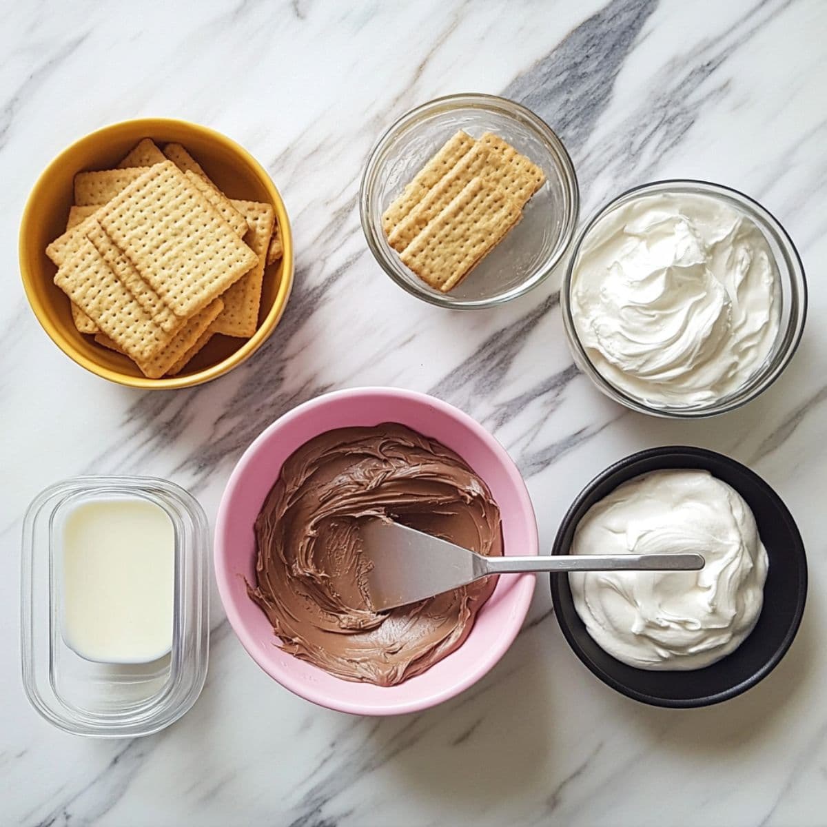 Ingredients for chocolate eclair cake displayed in bowls on white marble surface.